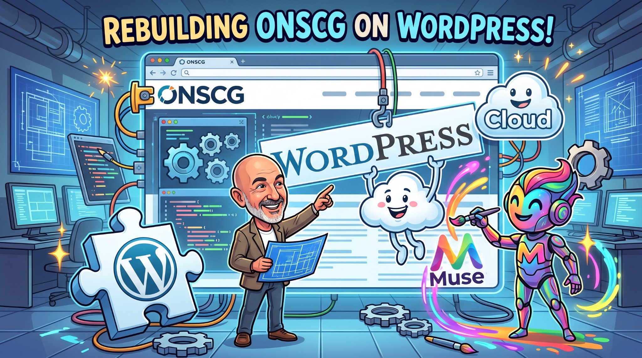 Cartoon illustration of Scott Hagberg rebuilding the ONSCG website on WordPress with AI assistants.