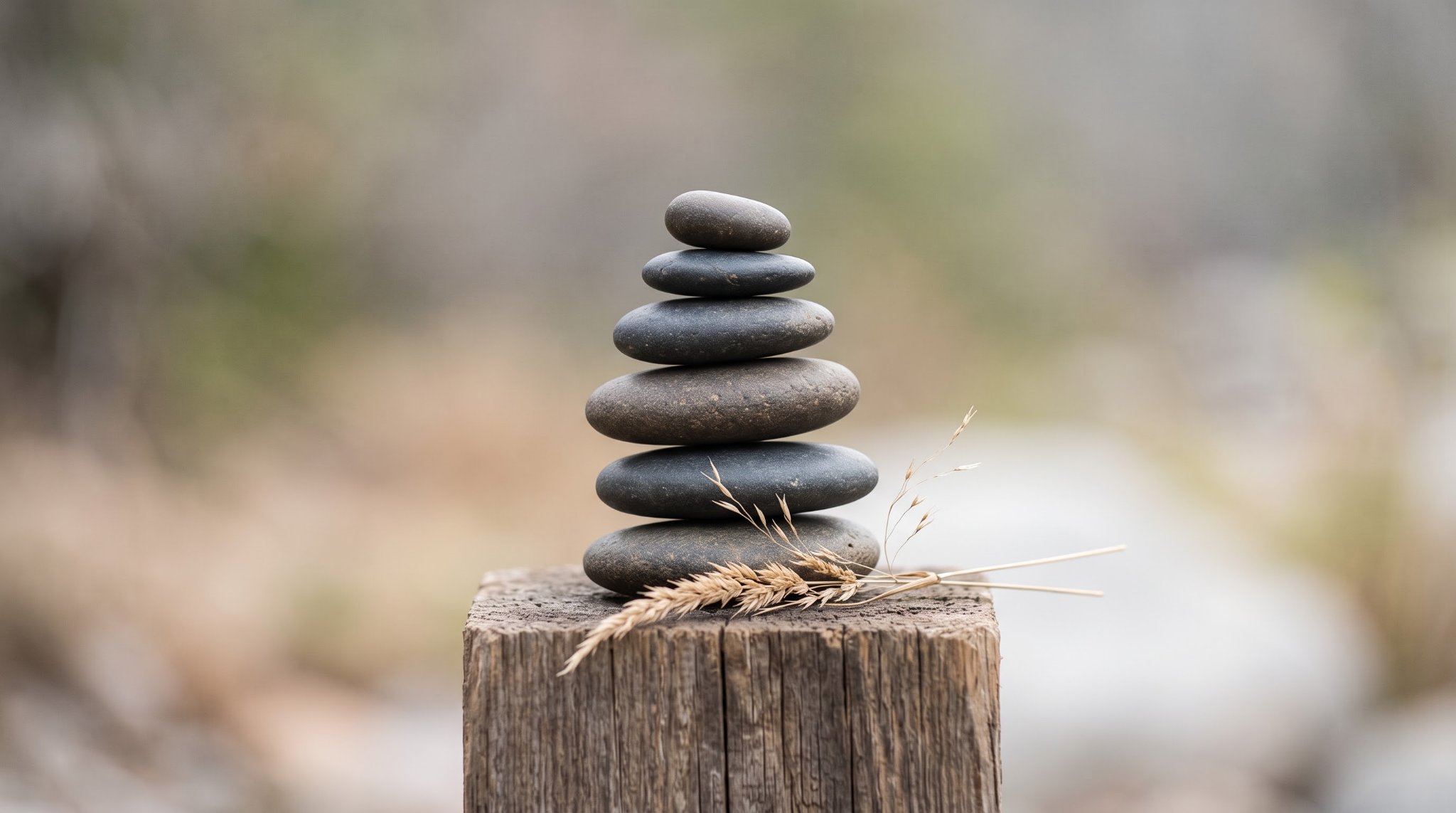 Balanced stones stacked one on top of another on a weathered wooden post